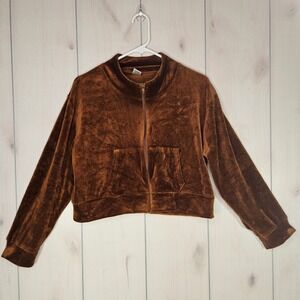 Womens Warm Brown Velour Cropped Track Jacket XL Zip‎ Up Pockets Athleisure 90s